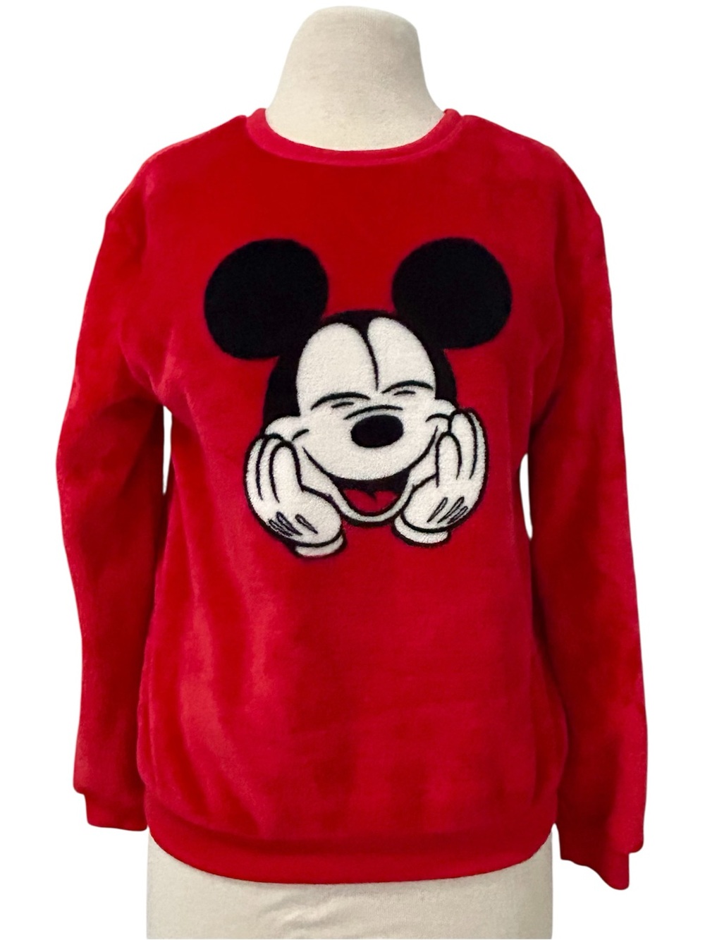 Disney Red Plush Mickey Smiling Crewneck Sweater